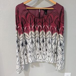 White House Black Market Burgundy & Cream Geometric Long-Sleeve Top